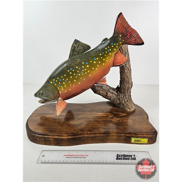 Custom Made Wooden Brook Trout Sculpture on Wood Base