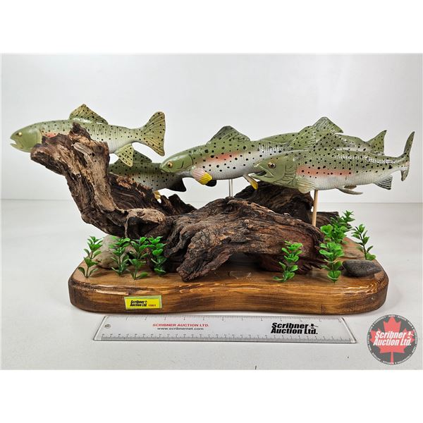 Custom Made Wooden Trout Sculpture on Wood Base