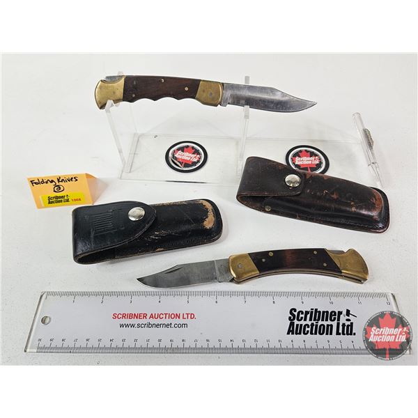 2 Folding Knives c/w Leather Sheaths - Imperial & Frontier