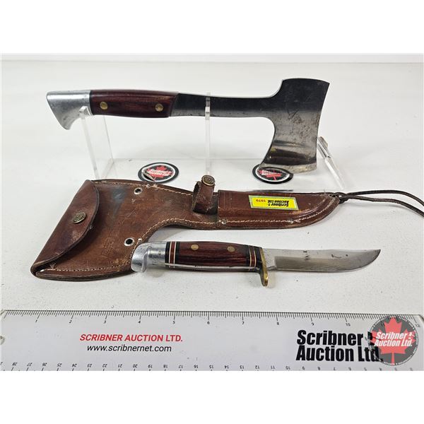 Western Hatchet & Hunting Knife Set c/w Double-Ended Leather Sheath