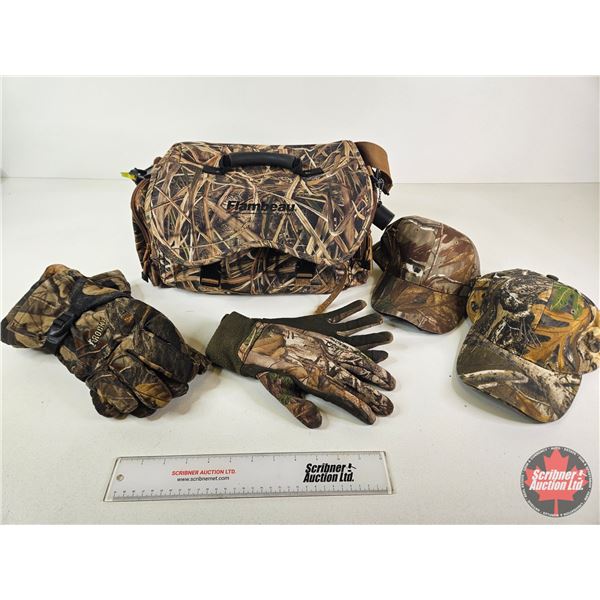 Flambeau Camo Hunting Bag, 2 Camo Caps & 2 Pairs of Hunting Gloves (Used)