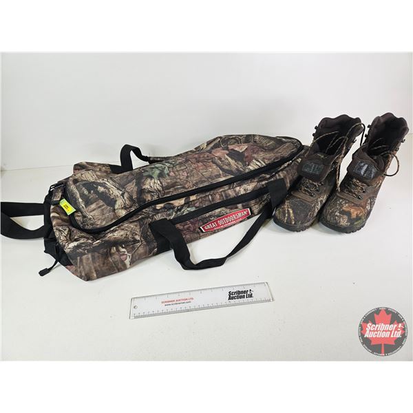 Camo Hunting Boots, Size 9M & Great Outdoorsman Camo Duffel Bag (Used)
