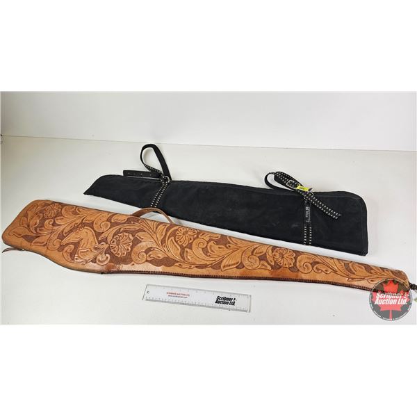 2 Saddle Rifle Scabbards - Tooled Leather & Black Fabric