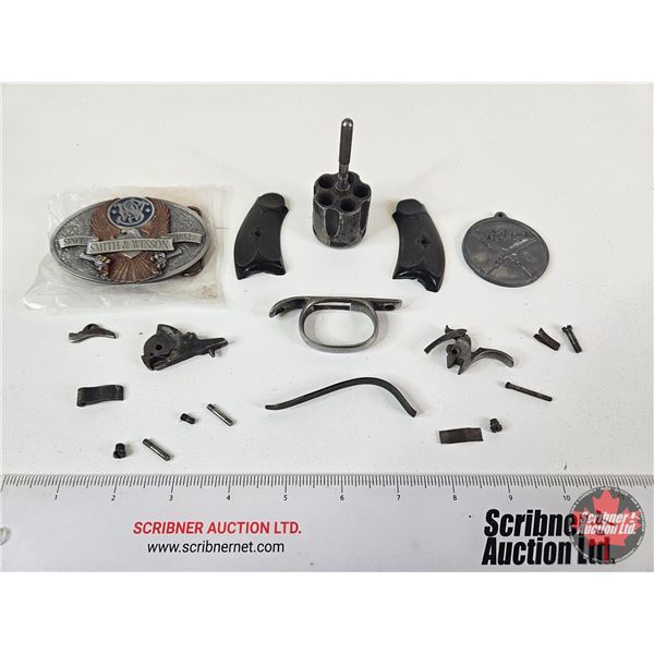 Assorted Gun Parts, Smith & Wesson Belt Buckle & Swift Current Trap Club Medal