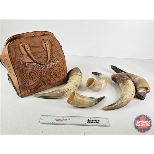 Assorted Cattle Horns & Tooled Leather Bag