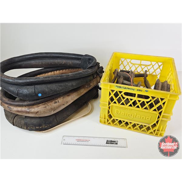 3 Horse Collars, Assorted Stirrups, Horseshoes & 2 Wooden Pulleys