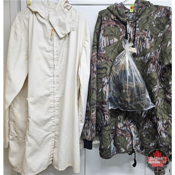 Camo Fleece Hunting Jacket & White Over Parka c/w Mask, Gloves & Mitts (Used)