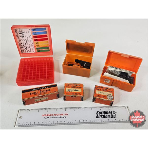 4 Bullet Moulds, Lyman Ideal .303 BR Shell Resizer & Ammo Storage Box