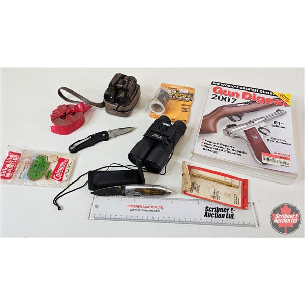 Assorted Sporting Goods : 2 Binoculars : 2 Folding Knives : Gun Digest : Coleman Parts