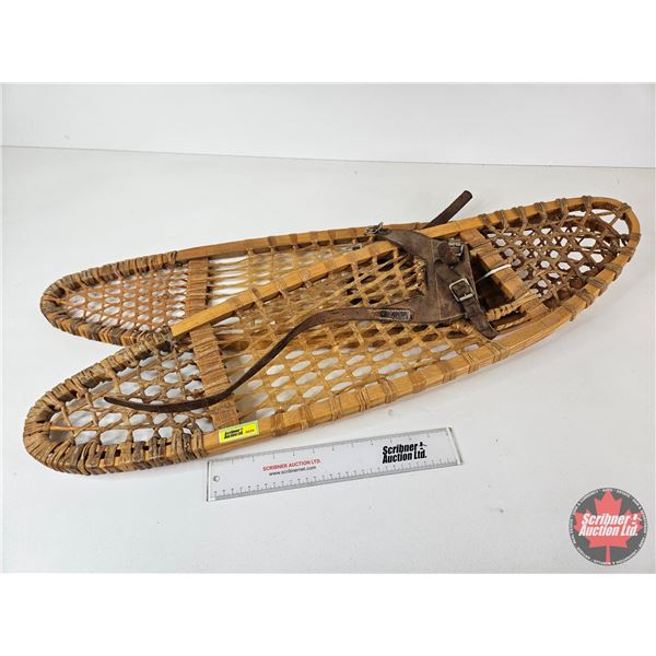 Pair Wooden Snowshoes : Rawhide Webbing : Leather Bindings