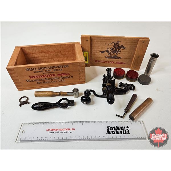 Vintage Shotshell Reloading Tools : c/w Winchester Western Wooden Box & Dominion Primer Tins