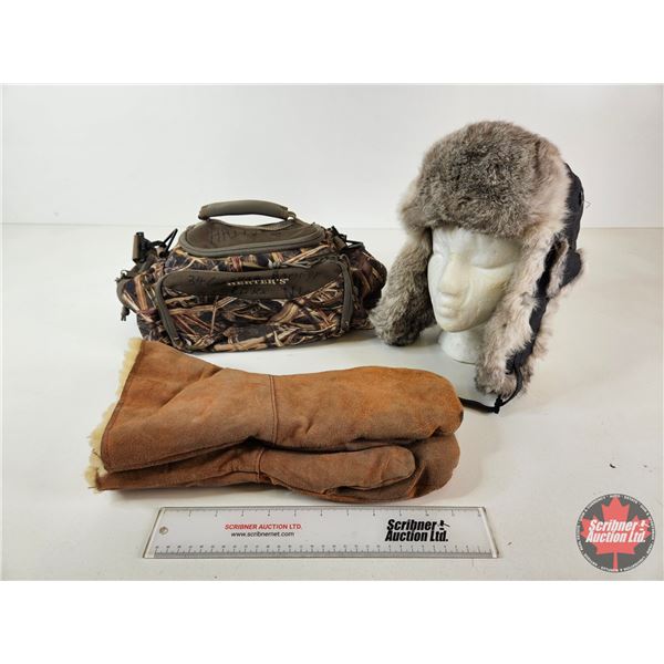 WindRiver Rabbit Fur Trapper Hat : c/w Lined Mitts & Herter's Camo Bag (Used)