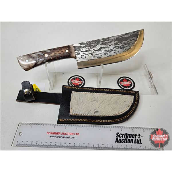 Cleaver Knife (Consignor Tag: Damascus Cleaver : 7 in. Blade : Micarta Handle : Leather + Cowhide Sh