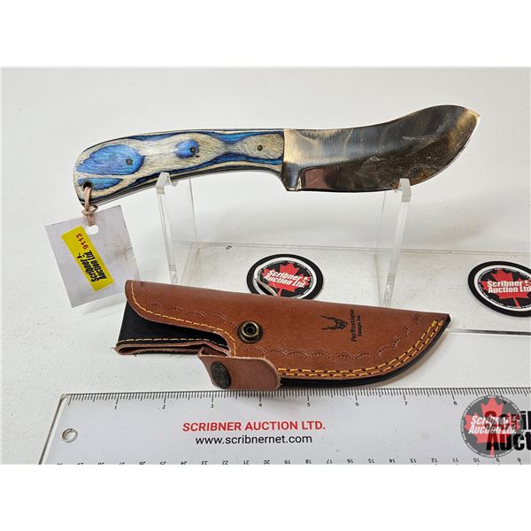 FerRustique Skinner Knife : Blue & Natural Laminated Wood Handle : c/w Leather Sheath