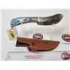 Image 1 : FerRustique Skinner Knife : Blue & Natural Laminated Wood Handle : c/w Leather Sheath