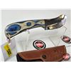 Image 2 : FerRustique Skinner Knife : Blue & Natural Laminated Wood Handle : c/w Leather Sheath