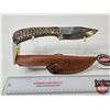 Image 1 : FerRustique Skinner Knife : Black & Tan Textured Handle : c/w Leather Sheath
