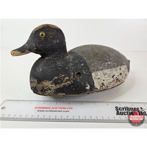 Wooden Duck Decoy (Consignor Tag: Working Blue Bill Hen : Hollow Body : Glass Eyes : 1930s)