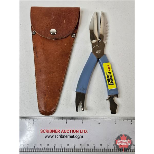Solingen Fishing Multi-Tool Pliers : Blue Handles : c/w Leather Belt Pouch