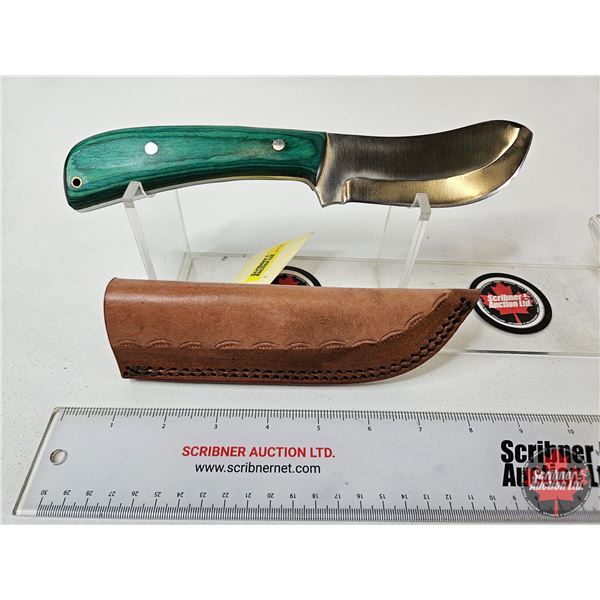 Skinning Knife : Green Laminate Handle : c/w Leather Sheath