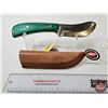 Image 1 : Skinning Knife : Green Laminate Handle : c/w Leather Sheath