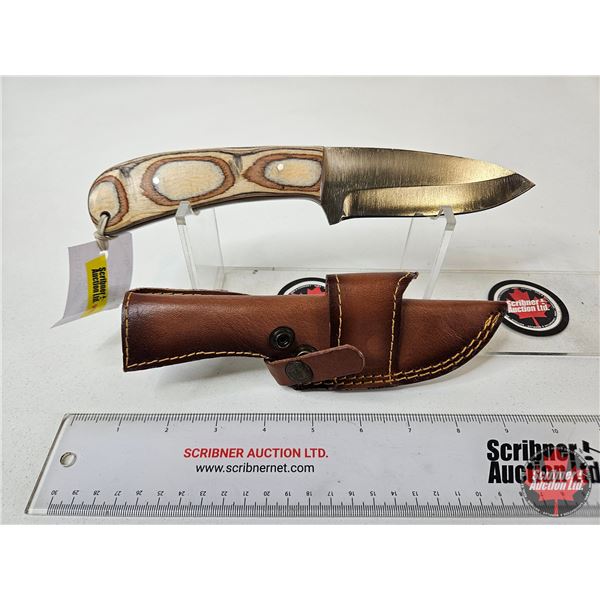 Skinning Knife : Laminate Wood Handle : c/w Leather Sheath