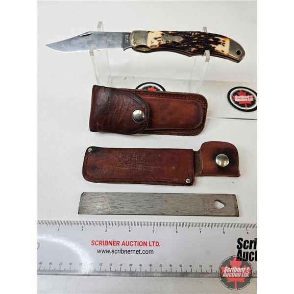 Schrade Uncle Henry 127UH Folding Knife : c/w Leather Pouch & Honesteel Sharpener