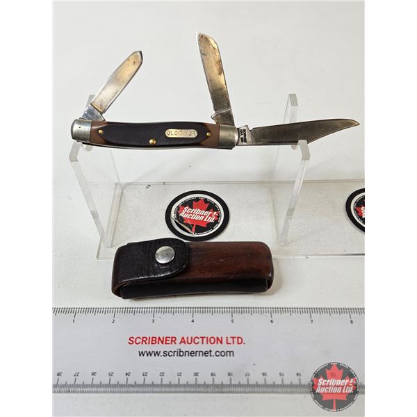 Schrade Old Timer : 3-Blade Folding Pocket Knife : c/w Leather Pouch