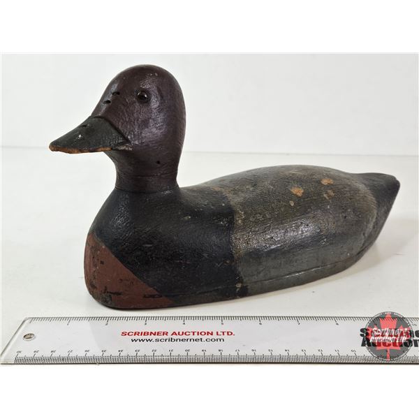 Wooden Duck Decoy (Consignor Tag: Red Head Drake : Hollow Working Decoy : Glass Eyes : 1940s)