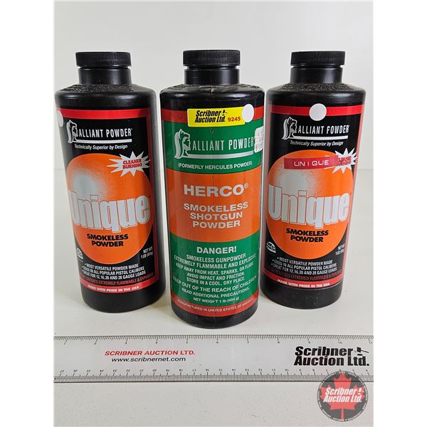 Alliant Smokeless Powder : Unique & Herco : (3) Containers