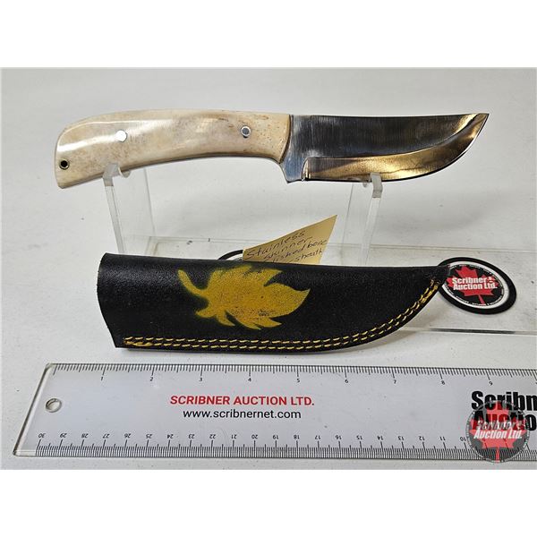 Skinning Knife : Polished Bone Handle : c/w Leather Sheath