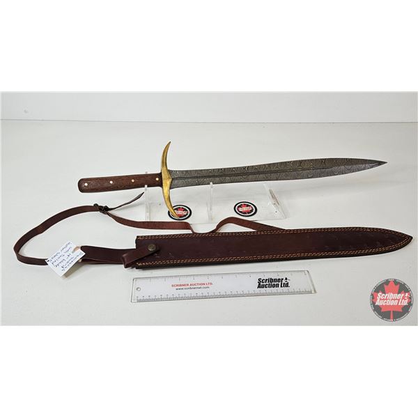 Damascus Pattern Sword : c/w Tooled Leather Sheath