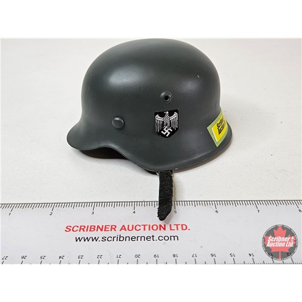 WWII German-Style Miniature Helmet : Grey-Green : c/w Liner & Chinstrap