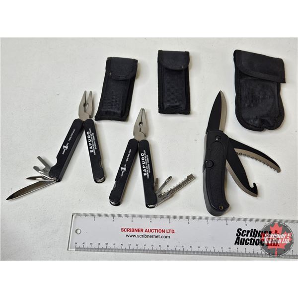 (2) Multi-Tools & (1) Folding Hunting Knife : c/w Belt Pouches