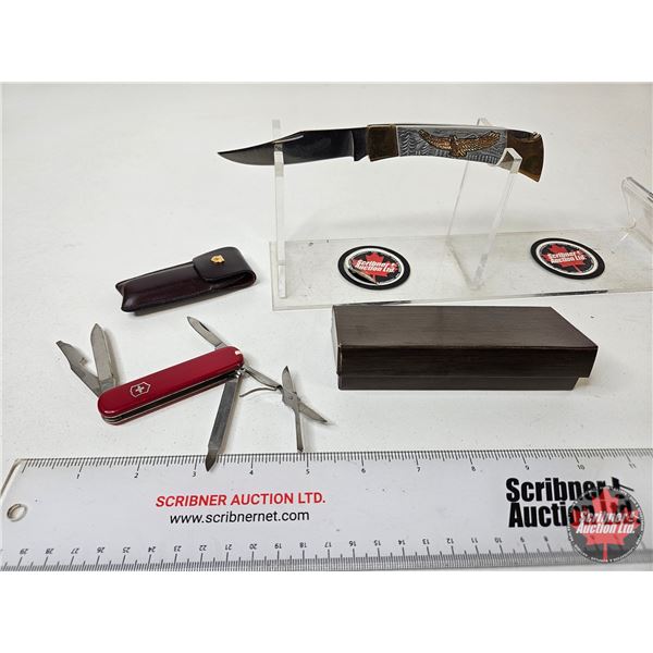 2 Folding Knives : Swiss Army & Eagle Design : c/w Pouch & Box