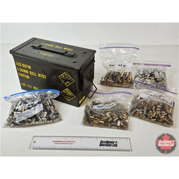Empty Brass : 9mm Luger & .38 Special : (5) Bags : c/w Metal Ammo Can