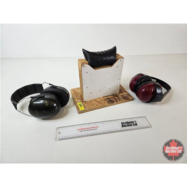 (2) Pairs Hearing Protection Earmuffs : c/w Wooden Shooting Rest