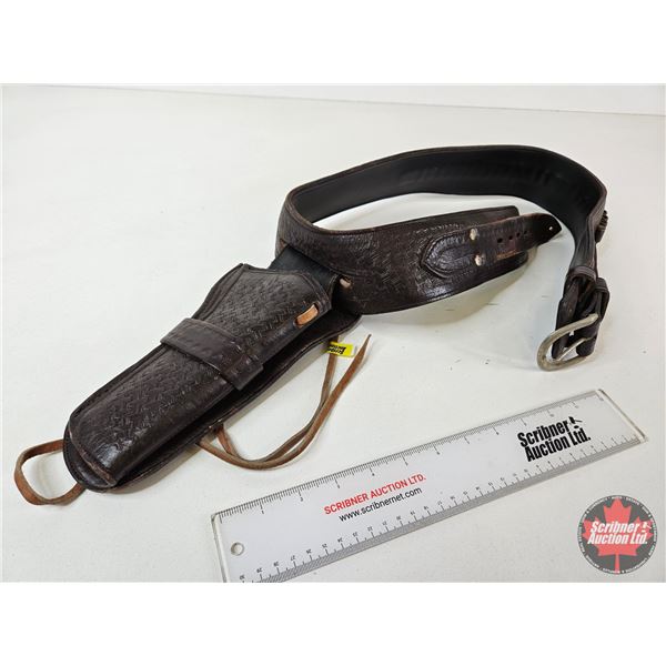 Brown Leather Western Holster & Cartridge Belt : Basketweave Pattern : .22 Cal