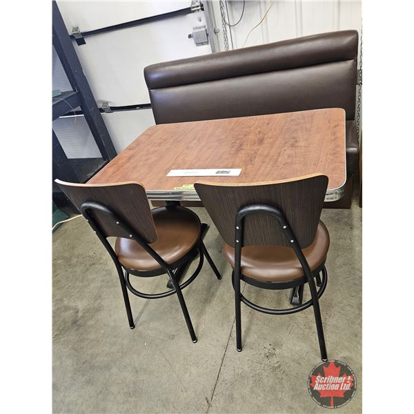 Restaurant Table : Brown Upholstered Booth Bench & (2) Chairs