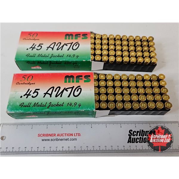 AMMO : MFS : 45 Auto (230gr : FMJ) (100 Rnds TOTAL)