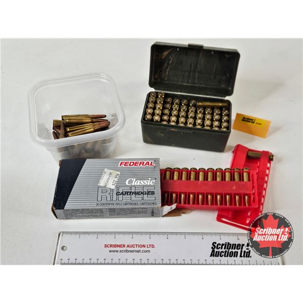 AMMO : Variety of Rifle Rounds (37 Rnds TOTAL) : c/w (41) 22-250 Rem Brass & Plastic Ammo Box