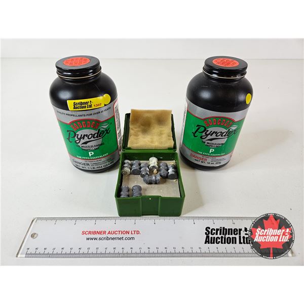 (2) Hodgdon Pyrodex P Containers : c/w 50cal 370gr Maxi-Ball Lead Bullets (45ct) & Plastic Box
