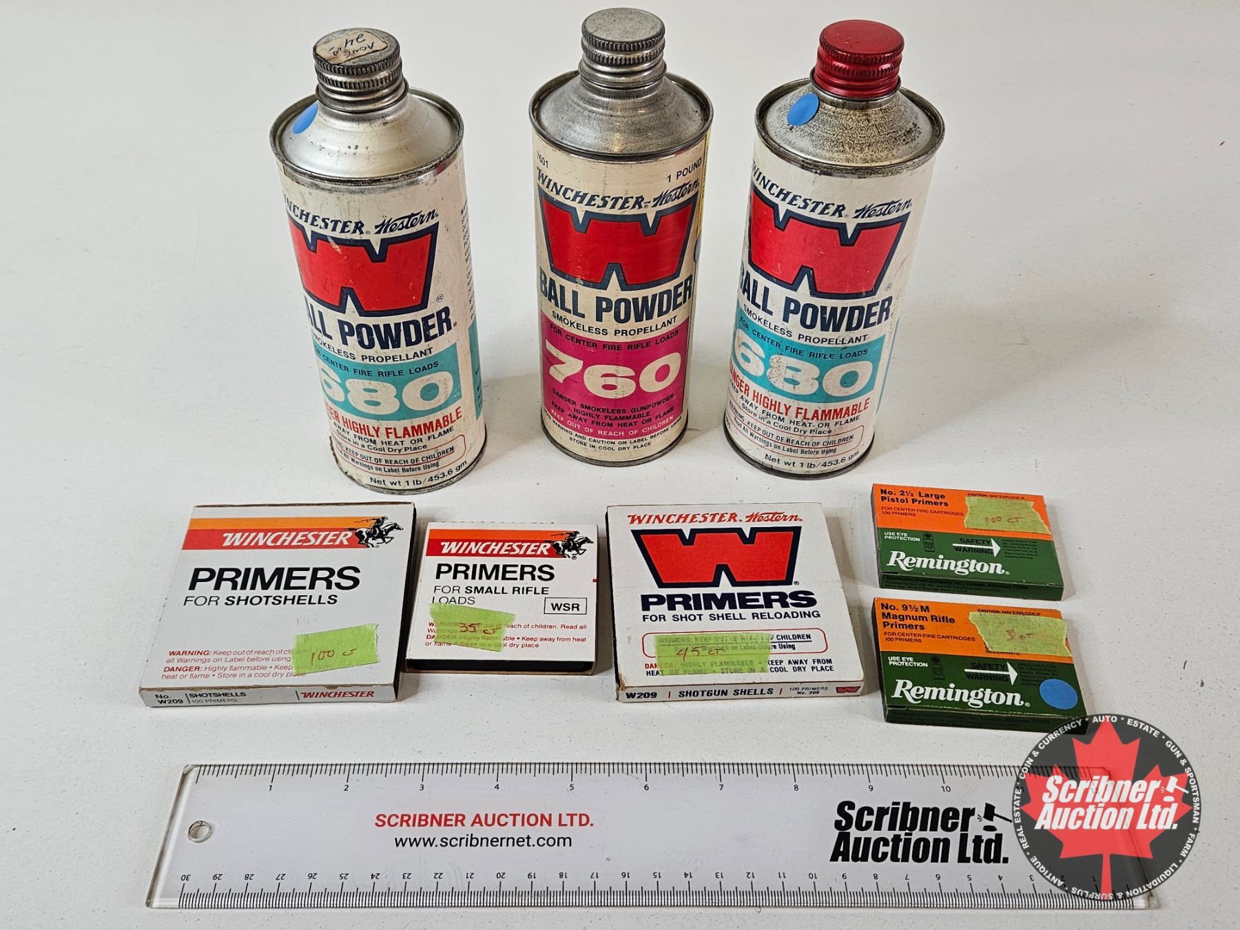 Winchester-Western Powder : (3) Opened Cans : c/w Assorted Primers (283 ...
