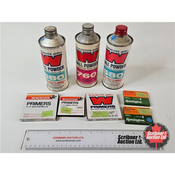 Winchester-Western Powder : (3) Opened Cans : c/w Assorted Primers (283 Count TOTAL)