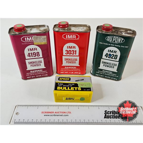 (3) IMR Powder Cans : c/w Speer Hot-Cor 8mm 150gr Spitzer SP Bullets (51 Count)