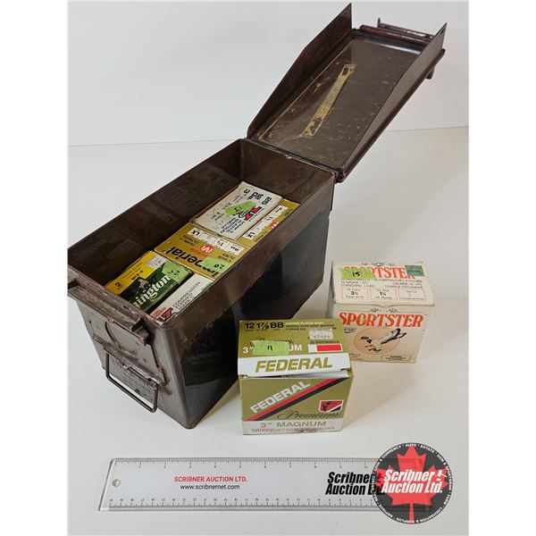 AMMO : Variety of 12ga 2-3/4″ & 3″ : c/w Metal Ammo Box (114 Rnds TOTAL)