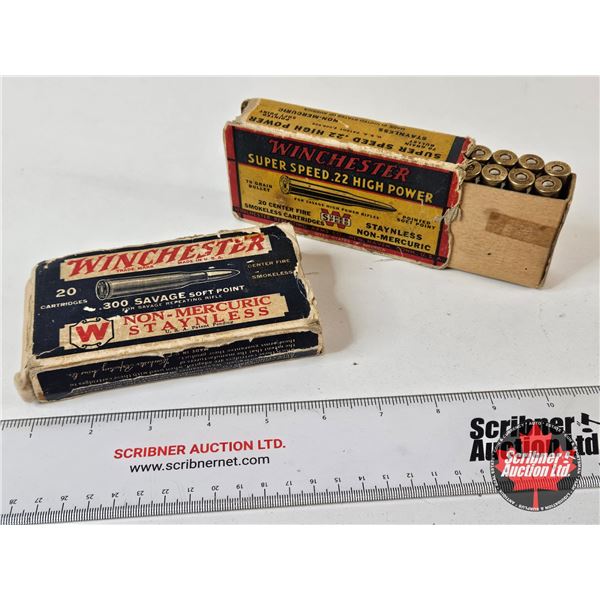 AMMO : Vintage Winchester & Dominion : 22 High Power & 300 Savage (36 Rnds TOTAL)