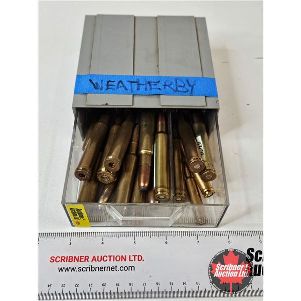 AMMO : Collectible Weatherby Magnum Cartridges & Cases (18 Pcs TOTAL) : c/w Grey Organizer