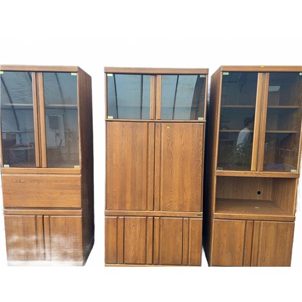 Three-Piece Oak Veneer Wall Unit with Glass Doors and Shelves