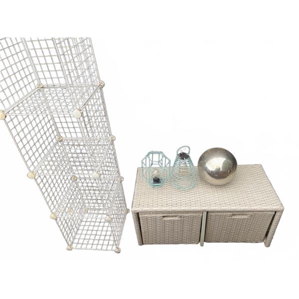 Storage Lot: Wicker Bench with Baskets, Wire Shelf, 2 Blue Metal Lanterns